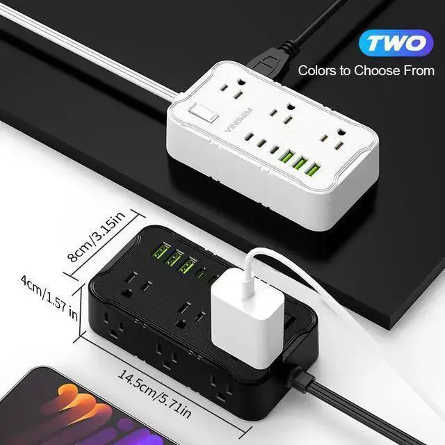 Alt view image 9 of 10 - US Desktop Power Strip, 6-Outlet Surge Protector with 2 USB Ports (5V/2.1A), 2m Extension Cord 2500W/10A, Wall Mountable for Home Office