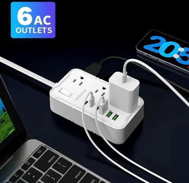 Alt view image 7 of 10 - US Desktop Power Strip, 6-Outlet Surge Protector with 2 USB Ports (5V/2.1A), 2m Extension Cord 2500W/10A, Wall Mountable for Home Office