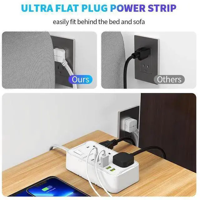 Alt view image 8 of 10 - US Desktop Power Strip, 6-Outlet Surge Protector with 2 USB Ports (5V/2.1A), 2m Extension Cord 2500W/10A, Wall Mountable for Home Office