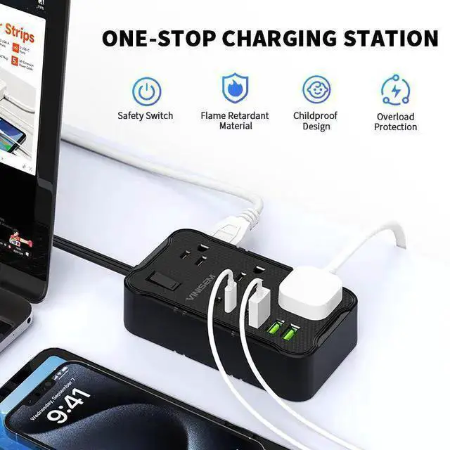 Alt view image 10 of 10 - US Desktop Power Strip, 6-Outlet Surge Protector with 2 USB Ports (5V/2.1A), 2m Extension Cord 2500W/10A, Wall Mountable for Home Office