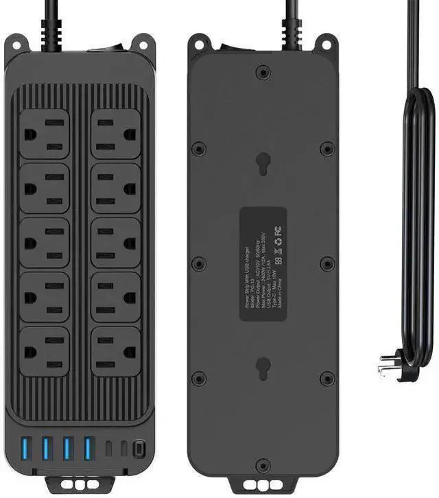 Alt view image 6 of 10 - PC-13 US Smart Power Strip, 10-Outlet Surge Protector with 6 USB Ports (4 USB-A + 2 USB-C PD), 1250W/10A Master Switch, 1.2m Flat Plug Extension Cord For Home Office Black