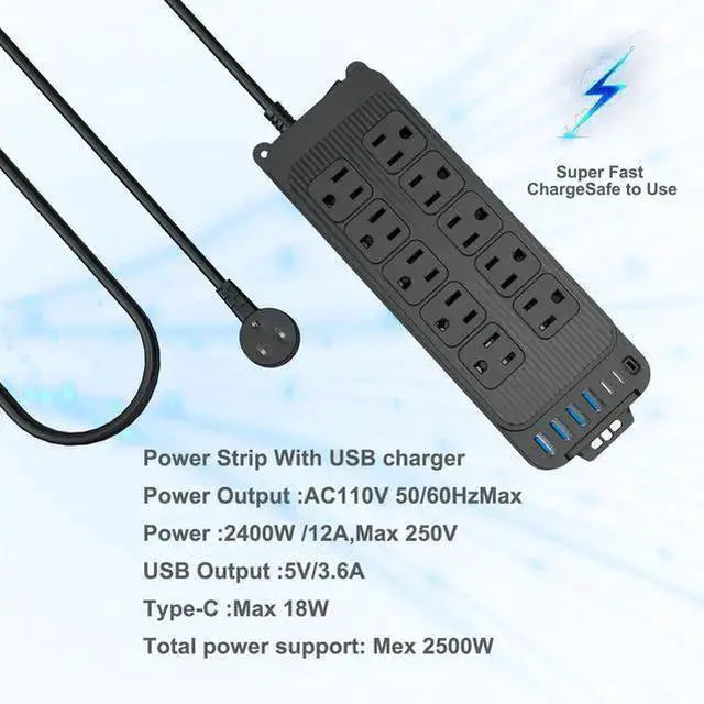 Alt view image 7 of 10 - PC-13 US Smart Power Strip, 10-Outlet Surge Protector with 6 USB Ports (4 USB-A + 2 USB-C PD), 1250W/10A Master Switch, 1.2m Flat Plug Extension Cord For Home Office Black