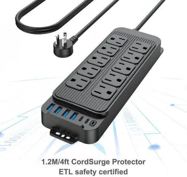 Alt view image 8 of 10 - PC-13 US Smart Power Strip, 10-Outlet Surge Protector with 6 USB Ports (4 USB-A + 2 USB-C PD), 1250W/10A Master Switch, 1.2m Flat Plug Extension Cord For Home Office Black