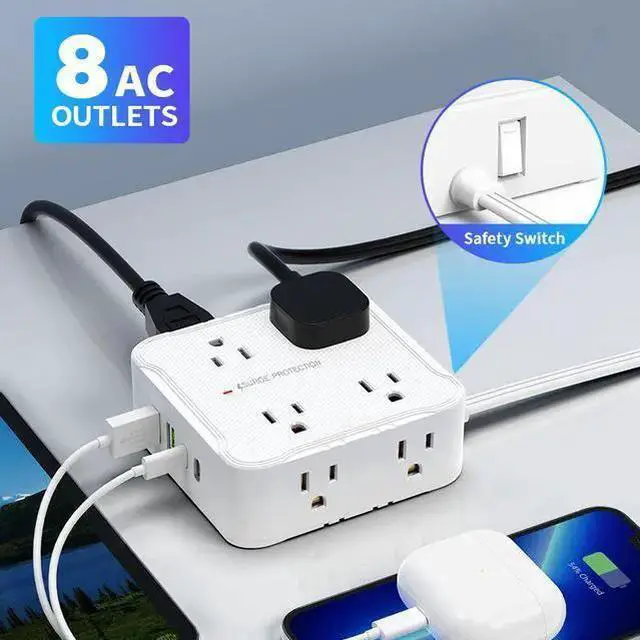 Alt view image 7 of 8 - US 8-Outlet Smart Power Strip with 2 USB Ports (5V/2.1A), 2m Extension Cord Surge Protector, Master Switch for Home Office 2500W/10A, Wall Mountable