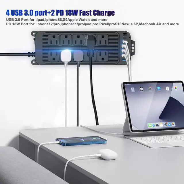 Alt view image 10 of 10 - PC-13 US Smart Power Strip, 10-Outlet Surge Protector with 6 USB Ports (4 USB-A + 2 USB-C PD), 1250W/10A Master Switch, 1.2m Flat Plug Extension Cord For Home Office Black