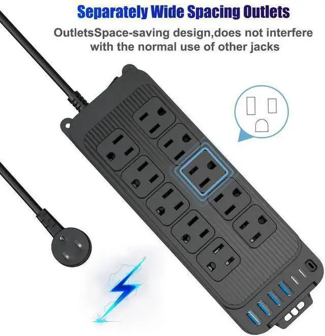 Alt view image 9 of 10 - PC-13 US Smart Power Strip, 10-Outlet Surge Protector with 6 USB Ports (4 USB-A + 2 USB-C PD), 1250W/10A Master Switch, 1.2m Flat Plug Extension Cord For Home Office Black