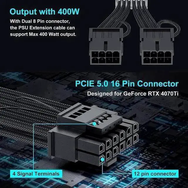 Alt view image 12 of 14 - WISDUM PCIE 5.0 RTX 4070Ti 16Pin GPU Power Extension Cable, PCI-e 5.0 12VHPWR GPU Cable Adapter 16Pin(12+4) Male to 2X8Pin Female Extension Cord Designed for Geforce RTX 4070 4070 Super-13Inch Black