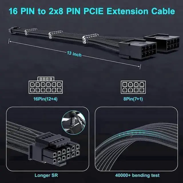 Alt view image 14 of 14 - WISDUM PCIE 5.0 RTX 4070Ti 16Pin GPU Power Extension Cable, PCI-e 5.0 12VHPWR GPU Cable Adapter 16Pin(12+4) Male to 2X8Pin Female Extension Cord Designed for Geforce RTX 4070 4070 Super-13Inch Black