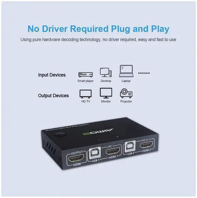 Alt view image 10 of 12 - HDMI KVM Switcher 4K@30Hz 2 In 1 Out KVM Switcher Keyboard Mouse USB Shared Display Synchronization Controller USB KVM Switch eokCXOY