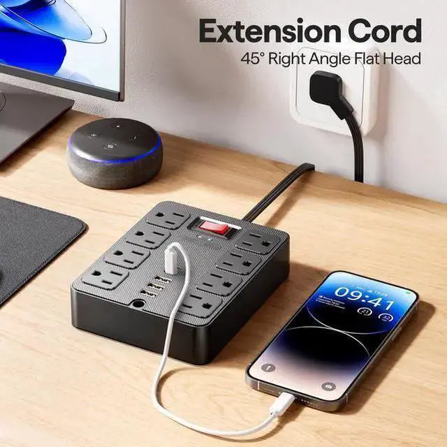 Alt view image 7 of 10 - PC23 US Smart Power Strip, 8-Outlet Surge Protector with 4 USB Ports (2 USB-A + 2 USB-C), 1250W 10A Multiple Cable Length Options (1.5m to 7.5m) for Home Office Black