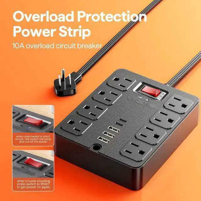 Alt view image 8 of 10 - PC23 US Smart Power Strip, 8-Outlet Surge Protector with 4 USB Ports (2 USB-A + 2 USB-C), 1250W 10A Multiple Cable Length Options (1.5m to 7.5m) for Home Office Black