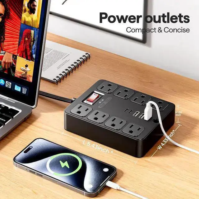 Alt view image 9 of 10 - PC23 US Smart Power Strip, 8-Outlet Surge Protector with 4 USB Ports (2 USB-A + 2 USB-C), 1250W 10A Multiple Cable Length Options (1.5m to 7.5m) for Home Office Black