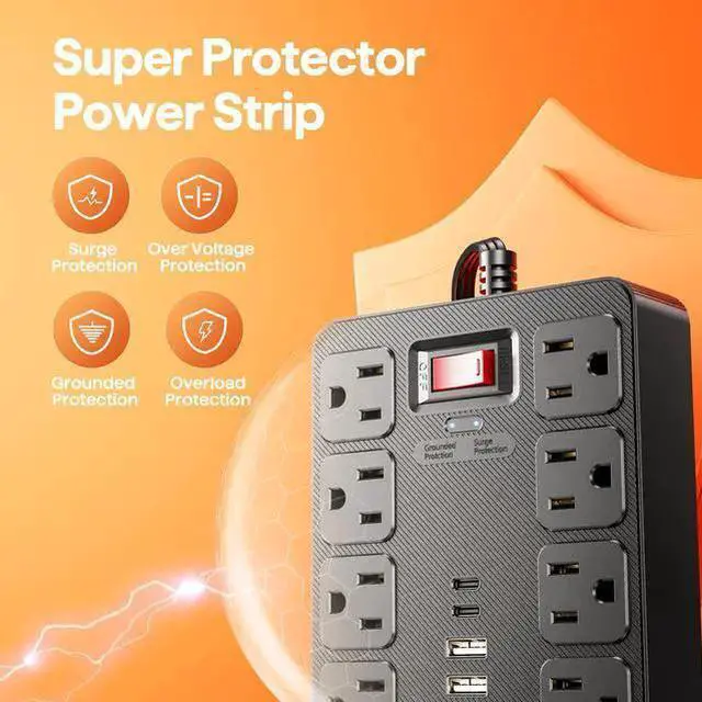 Alt view image 10 of 10 - PC23 US Smart Power Strip, 8-Outlet Surge Protector with 4 USB Ports (2 USB-A + 2 USB-C), 1250W 10A Multiple Cable Length Options (1.5m to 7.5m) for Home Office Black