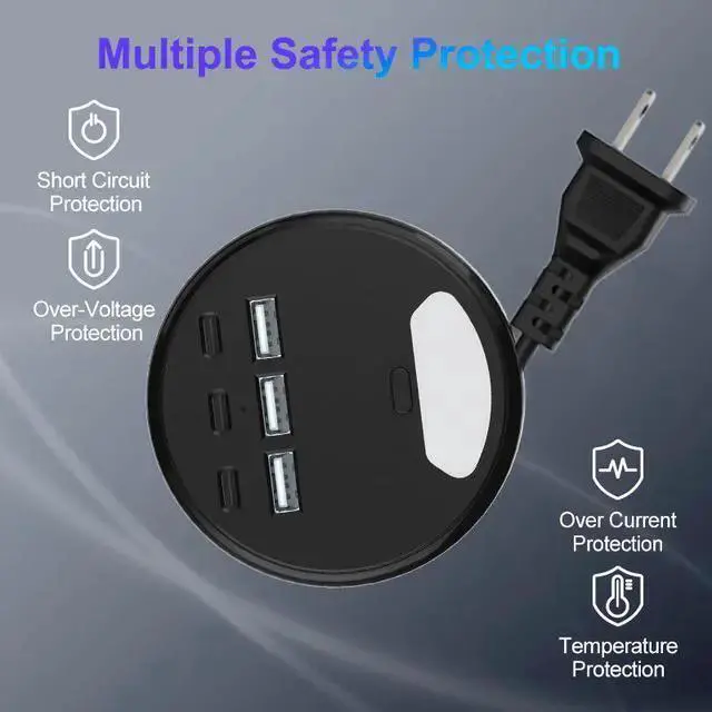 Alt view image 8 of 8 - Retractable US Power Strip, 6-Outlet Surge Protector with 2 USB Ports (5V/2.1A), 1.2m Extension Cord Space-Saving Retractable Design for Dorm, Travel, Home Office 1250W/10A