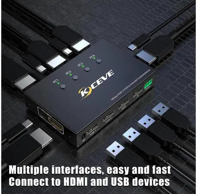 Alt view image 12 of 12 - 4 Ports HDMI 2.0 KVM Switch 4K@60Hz USB HDMI KVM Adaptive EDID/HDCP Decryptionfor Mouse Keyboard Hub for PC Laptop (without Remote Controller) eokCXOY