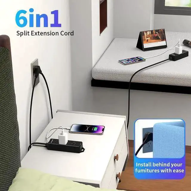 Alt view image 6 of 8 - US 6-Outlet Power Strip, 3.8m Long Extension Cord with 2 USB-A Ports (5V/2.1A) Surge Protection, Desktop & Bedside Multi-Outlet Expander for Home Office 1250W/10A