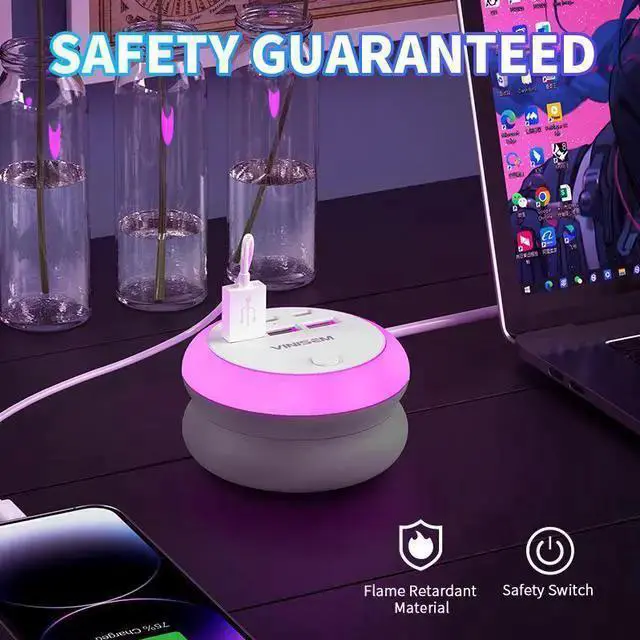 Alt view image 7 of 10 - US Multi-Port Power Strip with Night Light, 6-Outlet Surge Protector with 6 USB Ports (3 USB-A + 3 Type-C), 1.4m Extension Cord 1250W/10A for Home Office Bedroom