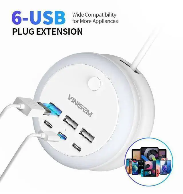 Alt view image 9 of 10 - US Multi-Port Power Strip with Night Light, 6-Outlet Surge Protector with 6 USB Ports (3 USB-A + 3 Type-C), 1.4m Extension Cord 1250W/10A for Home Office Bedroom