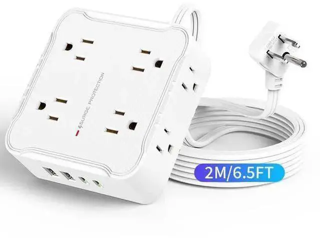Alt view image 5 of 8 - US Flat Plug Power Strip, 6-Outlet Surge Protector with 2 USB-A Ports (5V/2.1A) 2m Flat Extension Cord, 2500W/10A, Wall Mountable for Home Office