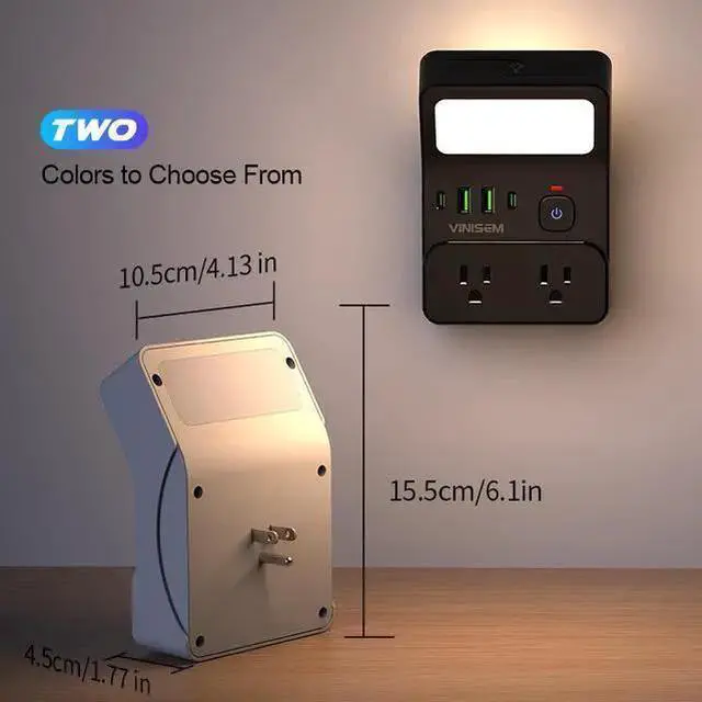 Alt view image 8 of 8 - US Multi-Function Power Strip with Bedside Lamp, 6-Outlet Surge Protector with 2 USB Ports (5V/2.1A) Eye-Care Reading Light for Dorm, Home Office, Nightstand 2500W/10A White
