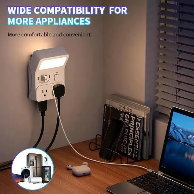 Alt view image 7 of 8 - US Multi-Function Power Strip with Bedside Lamp, 6-Outlet Surge Protector with 2 USB Ports (5V/2.1A) Eye-Care Reading Light for Dorm, Home Office, Nightstand 2500W/10A White