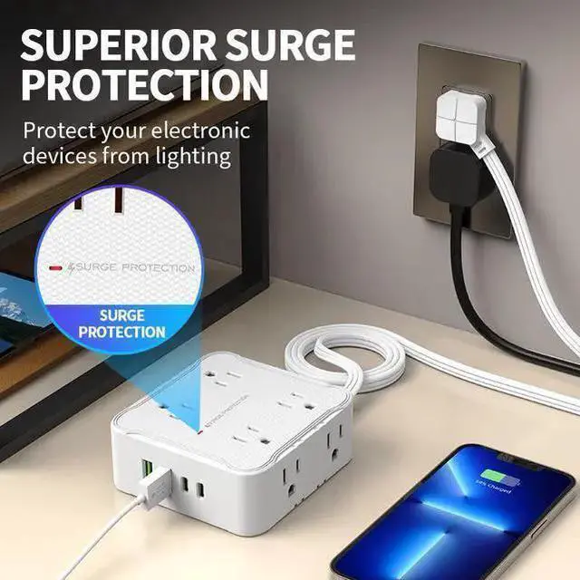 Alt view image 8 of 8 - US Flat Plug Power Strip, 6-Outlet Surge Protector with 2 USB-A Ports (5V/2.1A) 2m Flat Extension Cord, 2500W/10A, Wall Mountable for Home Office