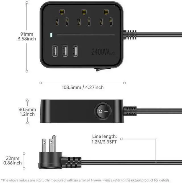 Alt view image 10 of 10 - PC-15 US Power Strip, 3-Outlet Surge Protector with 3 USB-A Ports (3.6A Smart Output) Master Switch, Flat Plug Extension Cord for Home Office Black