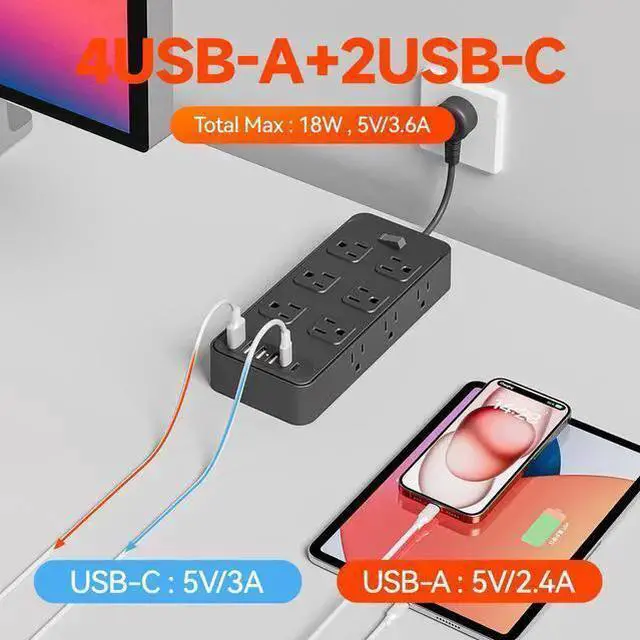 Alt view image 8 of 12 - LP14 US Mini Power Strip, 3-Outlet Surge Protector with 4 USB Ports (2 USB-A + 2 USB-C), 1250W/10A Ultra-Short 3-inch Cable, Wall Mountable for Home Office Travel Black