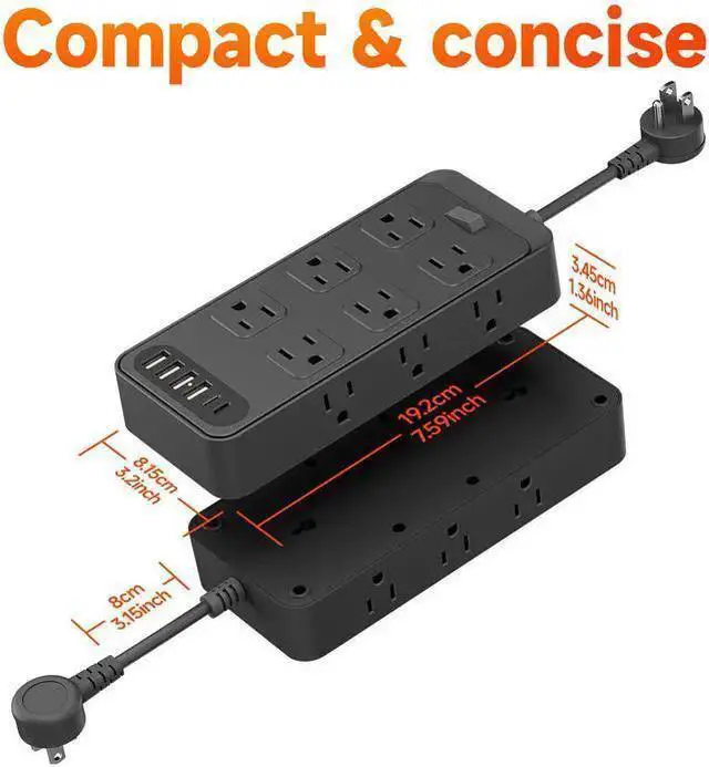 Alt view image 10 of 12 - LP14 US Mini Power Strip, 3-Outlet Surge Protector with 4 USB Ports (2 USB-A + 2 USB-C), 1250W/10A Ultra-Short 3-inch Cable, Wall Mountable for Home Office Travel Black