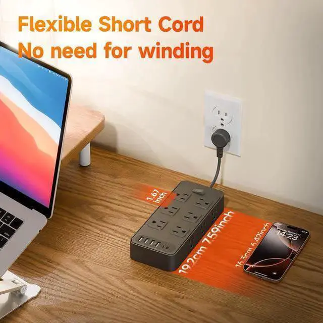 Alt view image 11 of 12 - LP14 US Mini Power Strip, 3-Outlet Surge Protector with 4 USB Ports (2 USB-A + 2 USB-C), 1250W/10A Ultra-Short 3-inch Cable, Wall Mountable for Home Office Travel Black