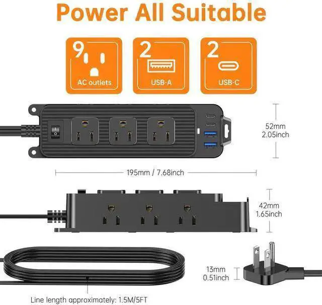 Alt view image 9 of 10 - PC-18 US Smart Power Strip, 9-Outlet Surge Protector with 4 USB Ports (2 USB-A + 2 USB-C), 2400W/10A 5ft Braided Flat Plug Extension Cord, Wall Mountable For Home Office