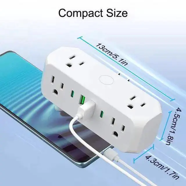 Alt view image 8 of 10 - US Type-C Tower Power Strip, 5-Outlet Vertical Surge Protector with 3 USB Ports (2 USB-A + 1 Type-C) Space-Saving Standing Design for Desktop, Counter 1250W/10A, White