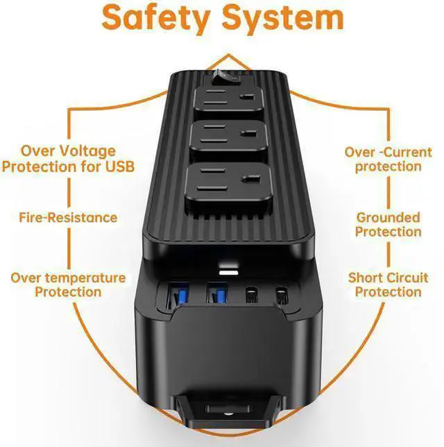 Alt view image 10 of 10 - PC-18 US Smart Power Strip, 9-Outlet Surge Protector with 4 USB Ports (2 USB-A + 2 USB-C), 2400W/10A 5ft Braided Flat Plug Extension Cord, Wall Mountable For Home Office