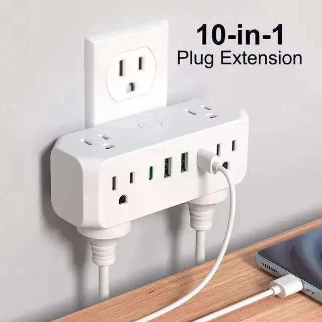 Alt view image 7 of 10 - US Type-C Tower Power Strip, 5-Outlet Vertical Surge Protector with 3 USB Ports (2 USB-A + 1 Type-C) Space-Saving Standing Design for Desktop, Counter 1250W/10A, White