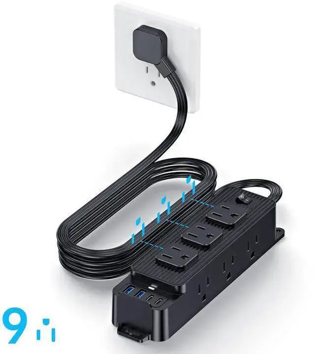 Alt view image 7 of 10 - PC-18 US Smart Power Strip, 9-Outlet Surge Protector with 4 USB Ports (2 USB-A + 2 USB-C), 2400W/10A 5ft Braided Flat Plug Extension Cord, Wall Mountable For Home Office