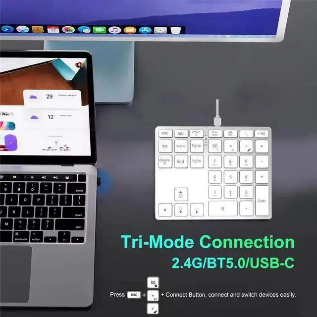 Alt view image 2 of 5 - WISDUM LINKEET Tri-Mode Aluminum Numpad 7-Color Backlit Bluetooth 5.0/Wired USB-C/2.4G Wireless Number Pad Slim 35-Key Rechargeable Numeric Keypad External Keyboard Num Pad for Laptop, Mac - Silver Wh