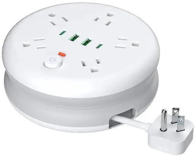 Alt view image 5 of 8 - US Retractable Cord Reel Power Strip, 5-Outlet Surge Protector with 2 USB-A Ports 2m Wrap-around Cable, Space-Saving Round Design for Home Office 1250W/10A