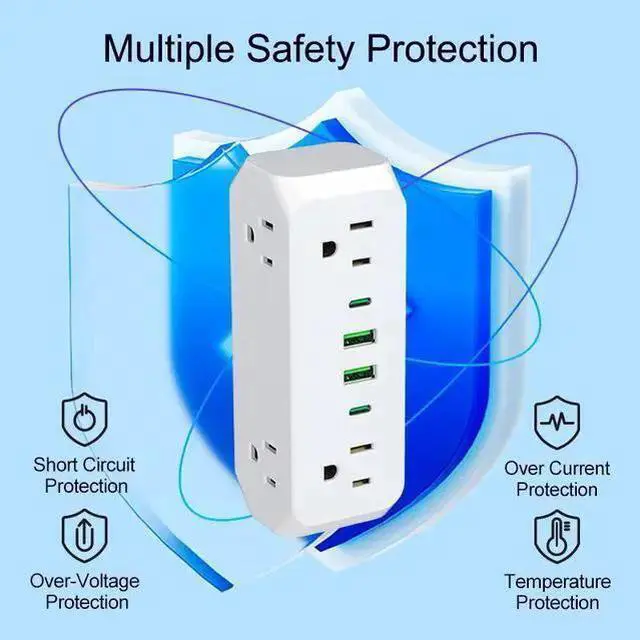 Alt view image 10 of 10 - US Type-C Tower Power Strip, 5-Outlet Vertical Surge Protector with 3 USB Ports (2 USB-A + 1 Type-C) Space-Saving Standing Design for Desktop, Counter 1250W/10A, White