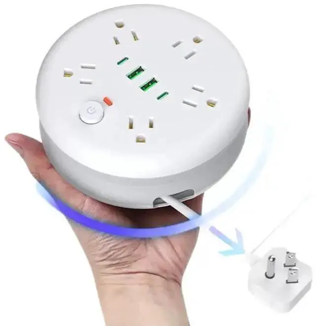 Alt view image 6 of 8 - US Retractable Cord Reel Power Strip, 5-Outlet Surge Protector with 2 USB-A Ports 2m Wrap-around Cable, Space-Saving Round Design for Home Office 1250W/10A