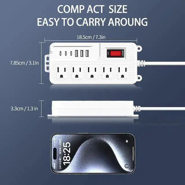 Alt view image 6 of 8 - USA-05 US Power Strip, 3-Outlet Surge Protector with 2 USB-A Ports (5V/2.1A), 1.5m Extension Cord Overload Protection, All-Copper Conductors, UL94 V-2 Flame Retardant 1250W/10A