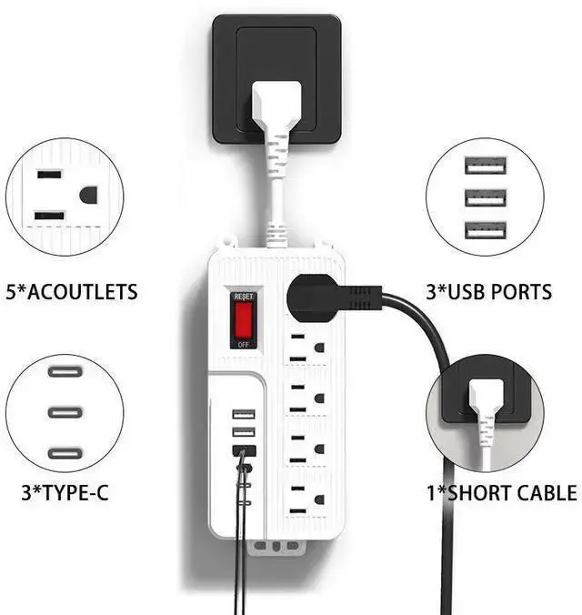 Alt view image 7 of 8 - USA-05 US Power Strip, 3-Outlet Surge Protector with 2 USB-A Ports (5V/2.1A), 1.5m Extension Cord Overload Protection, All-Copper Conductors, UL94 V-2 Flame Retardant 1250W/10A