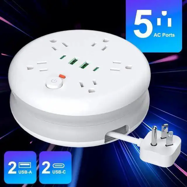 Alt view image 7 of 8 - US Retractable Cord Reel Power Strip, 5-Outlet Surge Protector with 2 USB-A Ports 2m Wrap-around Cable, Space-Saving Round Design for Home Office 1250W/10A