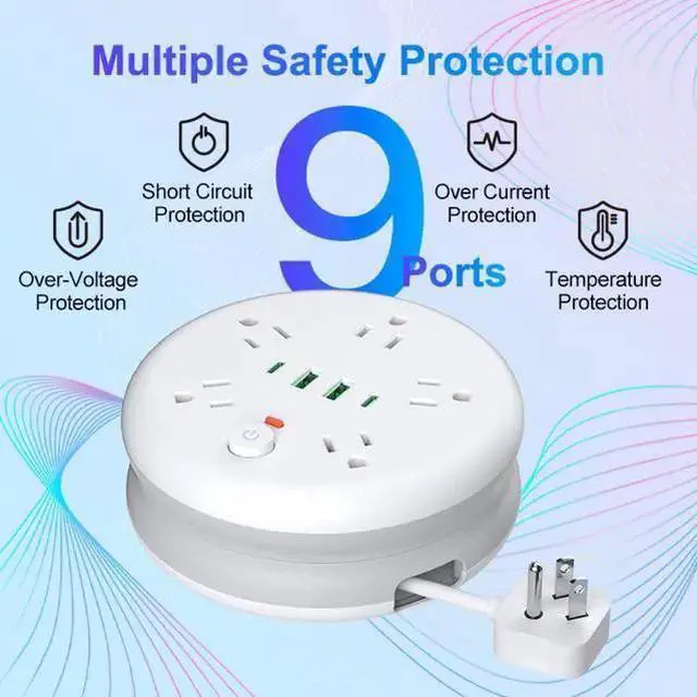 Alt view image 8 of 8 - US Retractable Cord Reel Power Strip, 5-Outlet Surge Protector with 2 USB-A Ports 2m Wrap-around Cable, Space-Saving Round Design for Home Office 1250W/10A