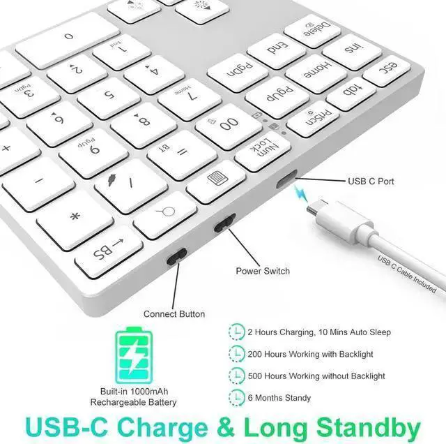 Alt view image 4 of 5 - WISDUM LINKEET Tri-Mode Aluminum Numpad 7-Color Backlit Bluetooth 5.0/Wired USB-C/2.4G Wireless Number Pad Slim 35-Key Rechargeable Numeric Keypad External Keyboard Num Pad for Laptop, Mac - Silver Wh