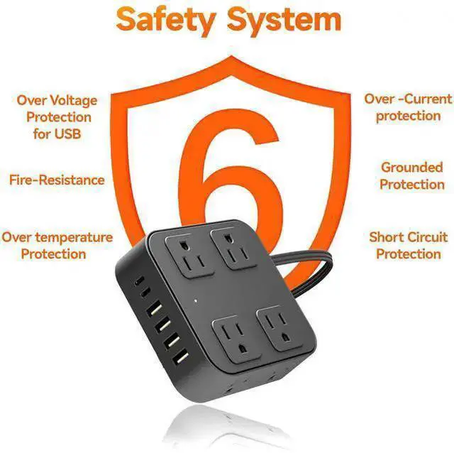 Alt view image 8 of 12 - US Power Strip with USB Ports, 3.6A Charging Hub, 2400W Surge Protector Overload Protection, V-0 Flame Retardant, 1.5m Extension Cord for Home Office ETL Listed Black