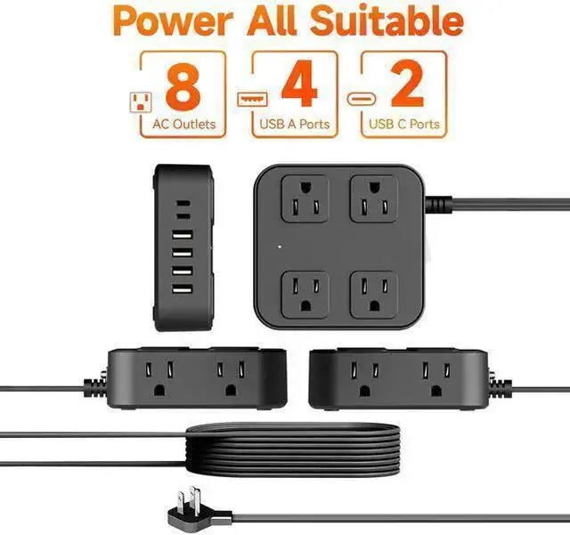 Alt view image 10 of 12 - US Power Strip with USB Ports, 3.6A Charging Hub, 2400W Surge Protector Overload Protection, V-0 Flame Retardant, 1.5m Extension Cord for Home Office ETL Listed Black
