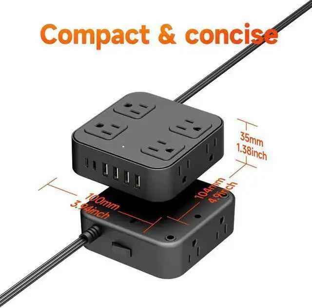 Alt view image 9 of 12 - US Power Strip with USB Ports, 3.6A Charging Hub, 2400W Surge Protector Overload Protection, V-0 Flame Retardant, 1.5m Extension Cord for Home Office ETL Listed Black