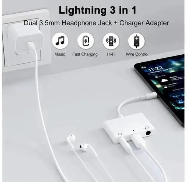 Alt view image 2 of 7 - WISDUM 3 in 1 Dual 3.5mm Headphone Jack Adapter - Earphone Jack Audio and Charging Adapter - Headphone Splitter for iPhone 14/13/ 12/11/ X/ 8/ iPad -Support iOS 13- White