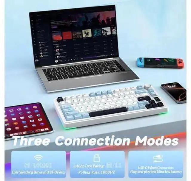 Alt view image 4 of 7 - WISDUM AULA S75 PRO Wireless Mechanical Keyboard with Screen&Knob, 75% Hot Swappable Gaming Keyboard with Pre-lubed Switches, RGB Backlit, PBT Keycaps Creamy Sounding Pc Gaming Keyboards