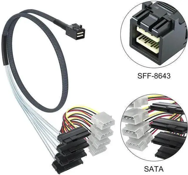 Alt view image 8 of 11 - MiniSAS HD SFF-8643 to 4xSFF-8482 Fan-Out SAS Cable with IDE Molex SATA Power for Raid Controller to Hard Drive, 12Gb/s, 0.5m(1.6ft)